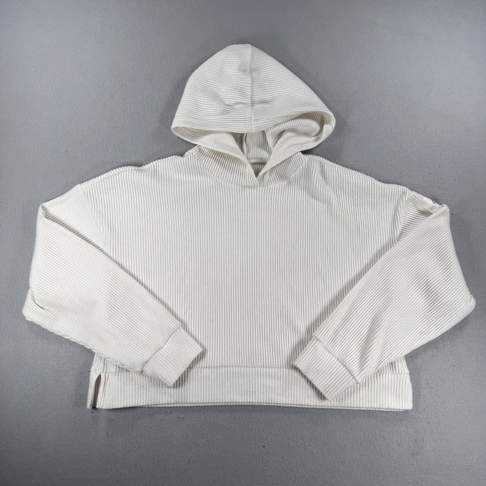Alo Yoga Muse Hoodie Bone White Ribbed Knit Cropped Pullover Large